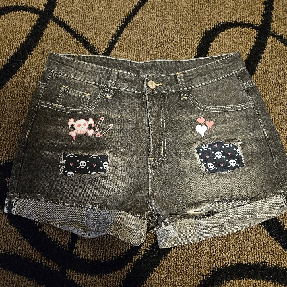 Black Denim Shorts with Girly Skulls